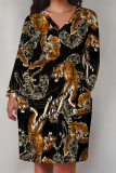 Yellowish Brown Animal Print Deep V Neck Long Sleeve Women's Casual Outing Straight Loose Fit Tunic Plus Size Midi Dress with Pocket
