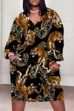 Yellowish Brown Animal Print Deep V Neck Long Sleeve Women's Casual Outing Straight Loose Fit Tunic Plus Size Midi Dress with Pocket