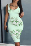 Orange Floral Print Sleeveless U Neck Knee Length Casual Outing Bodycon Vest Midi Dress