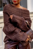 Brown Oblique Collar Off Shoulder Long Sleeve Casual Outing Fall Winter Knitted Sweater
