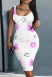 Orange Floral Print Sleeveless U Neck Knee Length Casual Outing Bodycon Vest Midi Dress