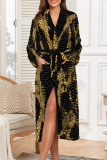 White Graphics Print Long Sleeve Pocket Strap Design Nightgown Lounge Sleepwear