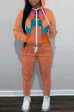 Brown Figure Print Hooded Long Sleeve Sweatshirt and Drawstring Sweatpants Two Pieces Sweatsuit Sets