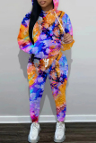 Green Floral Print Hooded Long Sleeve Sweatshirt and Drawstring Sweatpants Two Pieces Sweatsuit Sets