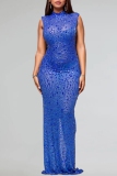 Black Hot Drilling Half A Turtleneck Sleeveless Back Slit Bodycon Cocktail Party Sparkling Sheer Maxi Dress