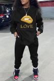 Black Lips Print Long Sleeve O Neck Sweatshirt and Skinny Pant Casual Sportwear Oversized Two Piece Matching Sweatsuit Set