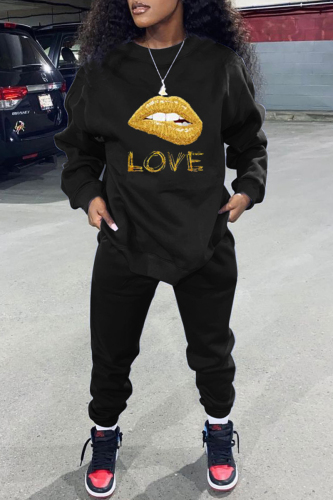 Black Lips Print Long Sleeve O Neck Sweatshirt and Skinny Pant Casual Sportwear Oversized Two Piece Matching Sweatsuit Set