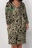 Yellowish Brown Animal Print Deep V Neck Long Sleeve Women's Casual Outing Straight Loose Fit Tunic Plus Size Midi Dress with Pocket