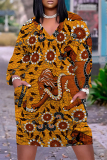 Yellowish Brown Animal Print Deep V Neck Long Sleeve Women's Casual Outing Straight Loose Fit Tunic Plus Size Midi Dress with Pocket