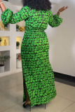 Green Leaf Print V Neck Lantern Sleeve Side Slit Casual Vacation Garden Party Maxi Dresses