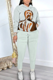 White Figure Print Hooded Long Sleeve Sweatshirt and Drawstring Sweatpants Two Pieces Sweatsuit Sets