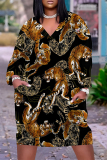 Yellowish Brown Animal Print Deep V Neck Long Sleeve Women's Casual Outing Straight Loose Fit Tunic Plus Size Midi Dress with Pocket