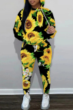 Green Floral Print Hooded Long Sleeve Sweatshirt and Drawstring Sweatpants Two Pieces Sweatsuit Sets