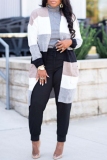 Blue Stripe Print Long Sleeve Cardigan Pocket Casual Outing Knitted Sweater Coat