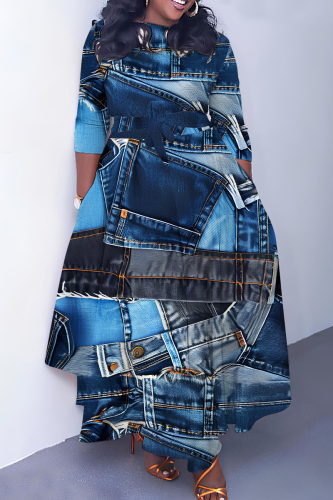 Blue Casual Faux Denim Print O Neck 3/4 Sleeve Belted Pockets Long Vacation Pleated Maxi Dresses