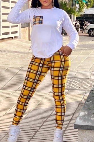White O Neck Long Sleeve Sweatshirt And Plaid Skinny Pants Sportwear Casual Two Pieces Matching Sweatsuit Set