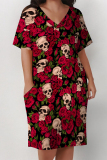 White Stripe Flowers Landscape Print V Neck Short Sleeve Long Casual Outing Straight Loose Plus Size Midi Dress with Pocket