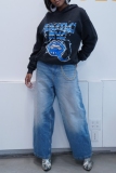 Blue High Waist Casual Outing Distressed Straight Leg Denim Jeans