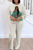 White Casual Girl Print O Neck Long Sleeve Sweatshirt and Drawstring Sweatpants Two Pieces Sweatsuit Sets