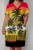 White Stripe Flowers Landscape Print V Neck Short Sleeve Long Casual Outing Straight Loose Plus Size Midi Dress with Pocket