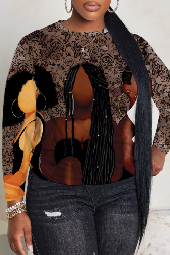 Dark Red Casual Figure Print O Neck Long Sleeve Fall Winter Sweatshirt
