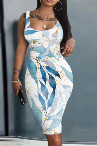 Blue Floral Print Sleeveless U Neck Knee Length Casual Outing Bodycon Vest Midi Dress