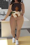 Brown Casual Girl Print O Neck Long Sleeve Sweatshirt and Drawstring Sweatpants Two Pieces Sweatsuit Sets