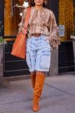 Blue High Waist Pocket Straight Casual Distressed Cropped Denim Cargo Shorts