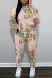 Green Floral Print Hooded Long Sleeve Sweatshirt and Drawstring Sweatpants Two Pieces Sweatsuit Sets
