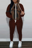 Brown Figure Print Hooded Long Sleeve Sweatshirt and Drawstring Sweatpants Two Pieces Sweatsuit Sets