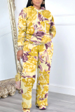 Khaki Floral Print Hooded Long Sleeve Sweatshirt and Drawstring Sweatpants Two Pieces Sweatsuit Sets