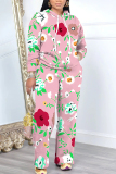 Khaki Floral Print Hooded Long Sleeve Sweatshirt and Drawstring Sweatpants Two Pieces Sweatsuit Sets