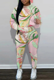 Green Floral Print Hooded Long Sleeve Sweatshirt and Drawstring Sweatpants Two Pieces Sweatsuit Sets