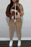 Brown Figure Print Hooded Long Sleeve Sweatshirt and Drawstring Sweatpants Two Pieces Sweatsuit Sets