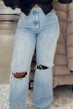 Blue High Waist Casual Straight Leg Distressed Ripped Denim Jeans