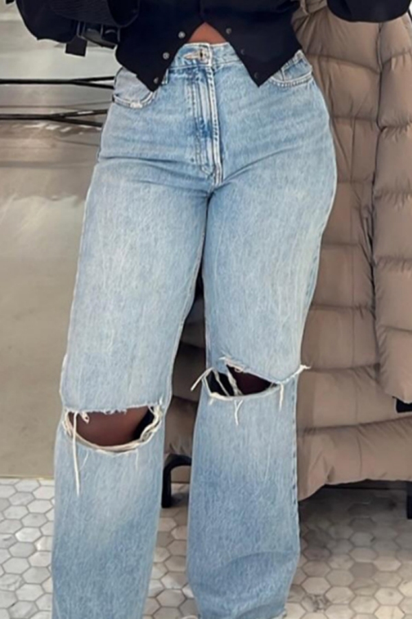 Blue High Waist Casual Straight Leg Distressed Ripped Denim Jeans