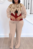 White Casual Girl Print O Neck Long Sleeve Sweatshirt and Drawstring Sweatpants Two Pieces Sweatsuit Sets