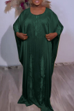 Yellow African Print Sequined O Neck Bat-wing Sleeve Floor Length Loose Long Kaftan Satin Maxi Dress
