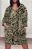 Yellowish Brown Animal Print Deep V Neck Long Sleeve Women's Casual Outing Straight Loose Fit Tunic Plus Size Midi Dress with Pocket