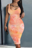 Blue Floral Print Sleeveless U Neck Knee Length Casual Outing Bodycon Vest Midi Dress