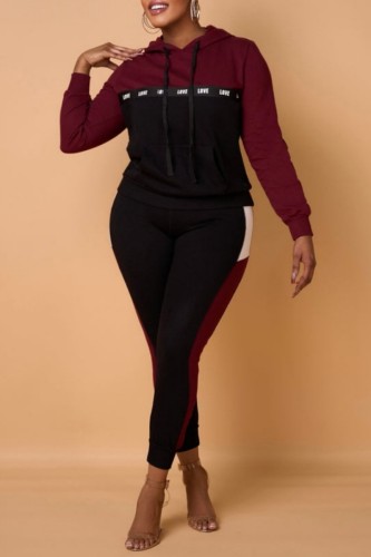 Claret Long Sleeve Hooded Sweatshirt And Skinny Pants Casual Sportwear Two Pieces Jogger Sets