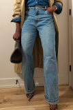 Blue High Waist Casual Outing Straight Leg Distressed Denim Jeans