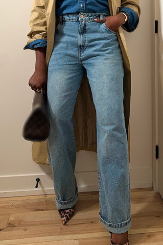 Blue High Waist Casual Outing Straight Leg Distressed Denim Jeans