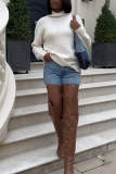 White Turtleneck Long Sleeve Casual Outing Fall Winter Knitted Sweater