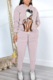 White Figure Print Hooded Long Sleeve Sweatshirt and Drawstring Sweatpants Two Pieces Sweatsuit Sets