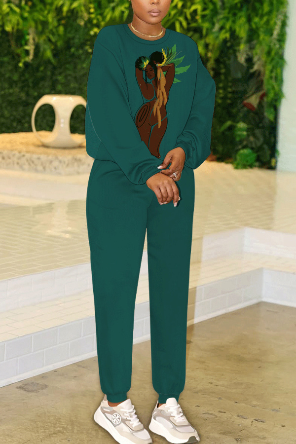 Dark Green Casual Girl Print O Neck Long Sleeve Sweatshirt and Drawstring Sweatpants Two Pieces Sweatsuit Sets