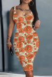 Orange Floral Print Sleeveless U Neck Knee Length Casual Outing Bodycon Vest Midi Dress