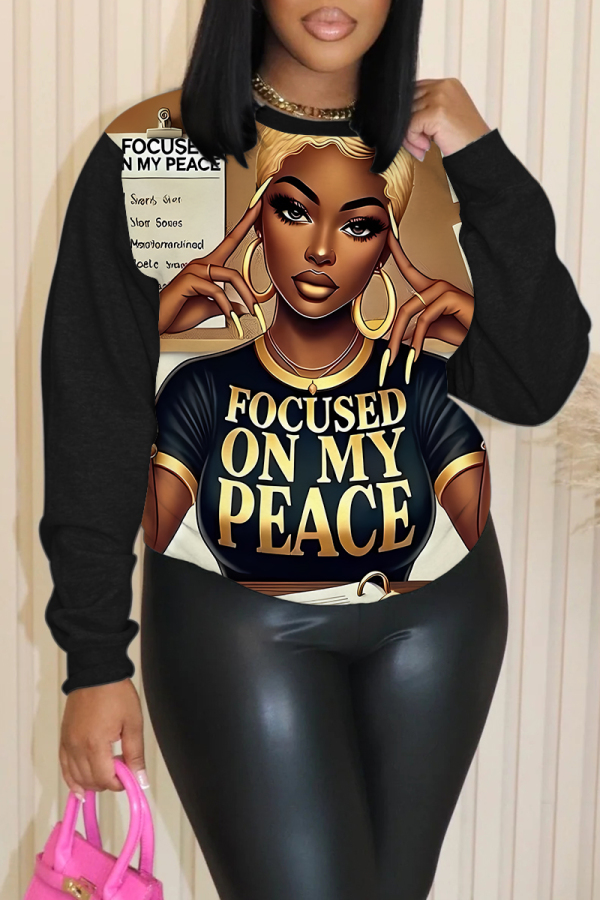 Black Gold Casual Figure Print O Neck Long Sleeve Fall Winter Sweatshirt