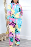 Khaki Floral Print Hooded Long Sleeve Sweatshirt and Drawstring Sweatpants Two Pieces Sweatsuit Sets