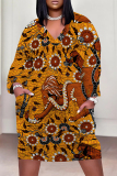 Yellowish Brown Animal Print Deep V Neck Long Sleeve Women's Casual Outing Straight Loose Fit Tunic Plus Size Midi Dress with Pocket